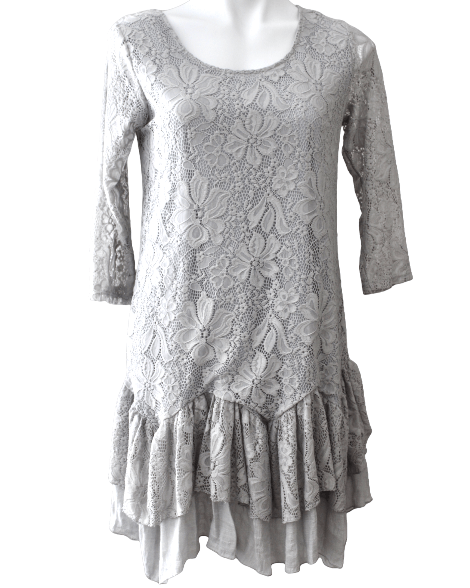 Soft Summer ADORN FASHION gray lace ruffle dress