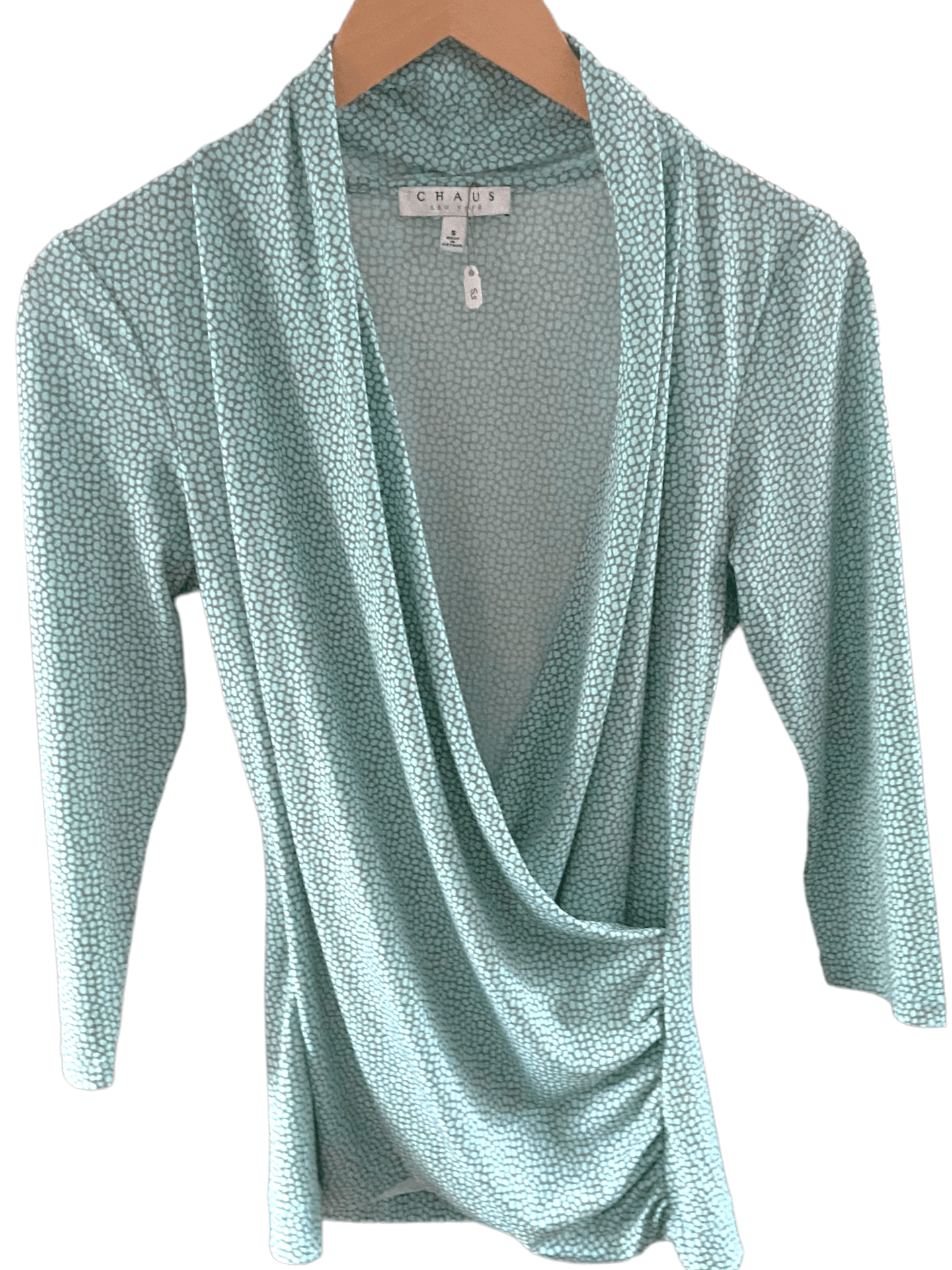 Soft Summer CHAUS print faux wrap blouse gray and mint green