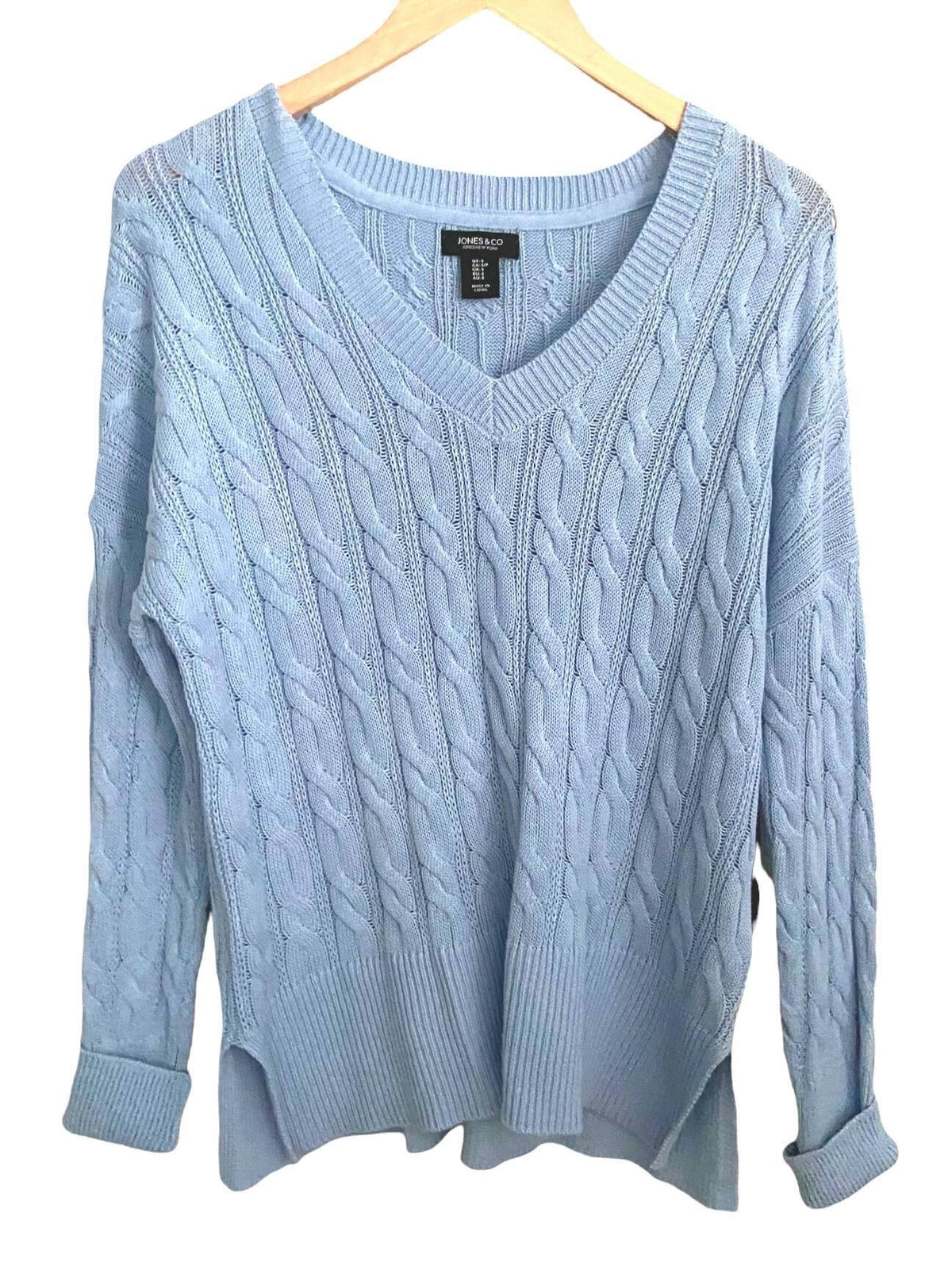 Soft Summer JONES &amp; CO blue cable knit sweater