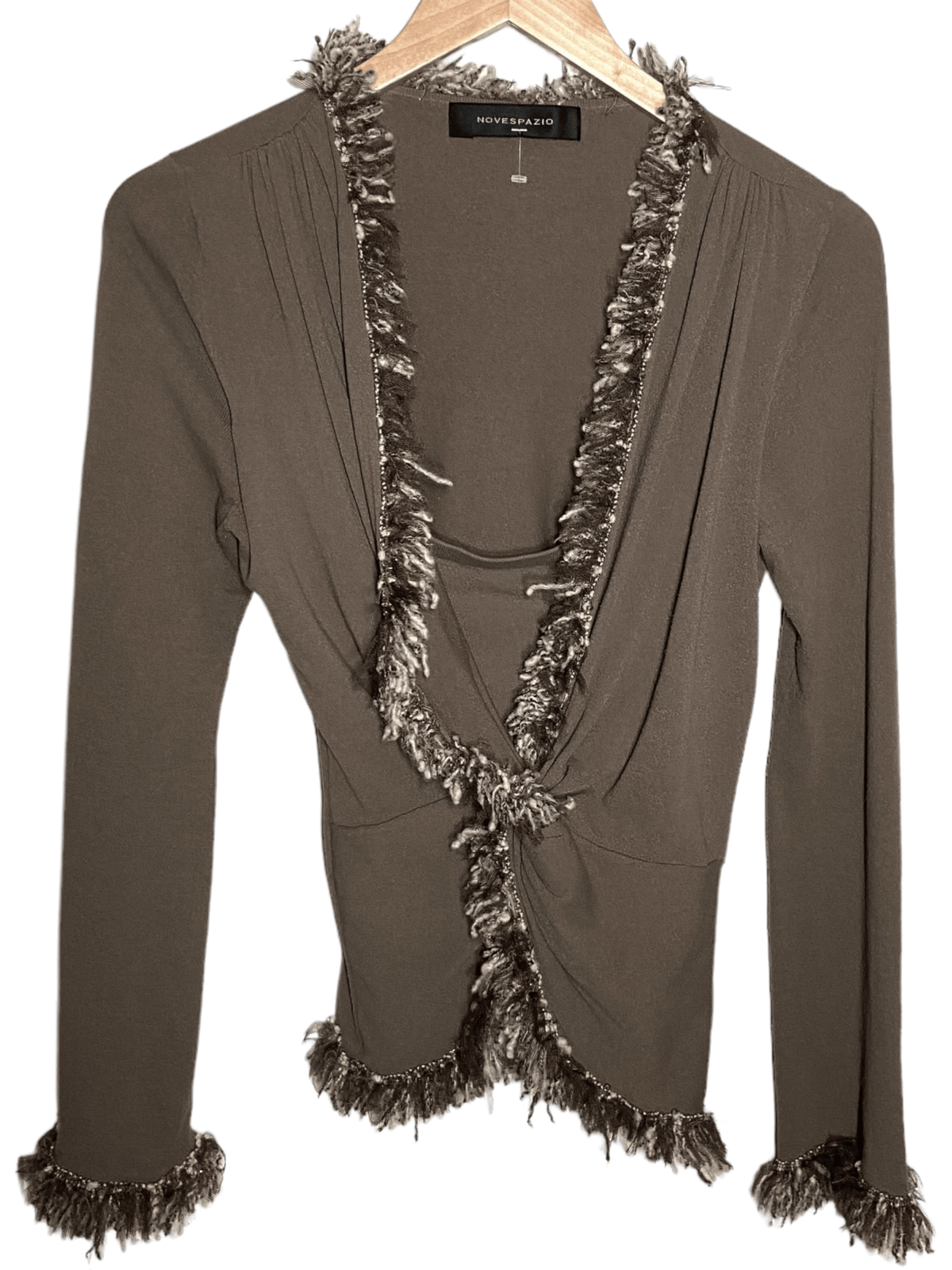Soft Summer NOVESPAZIO JAPAN fringe trimmed front twist brown knit blouse