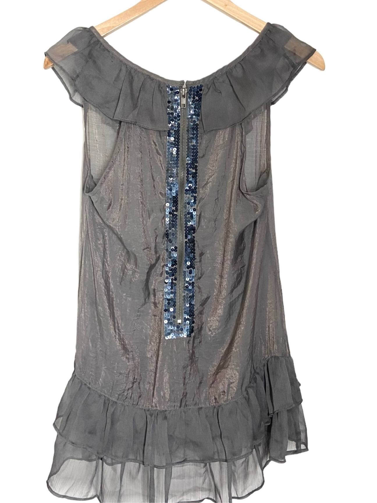 Soft Summer TWENTY ONE ANTHROPOLOGIE shimmer slate sequin ruffle top