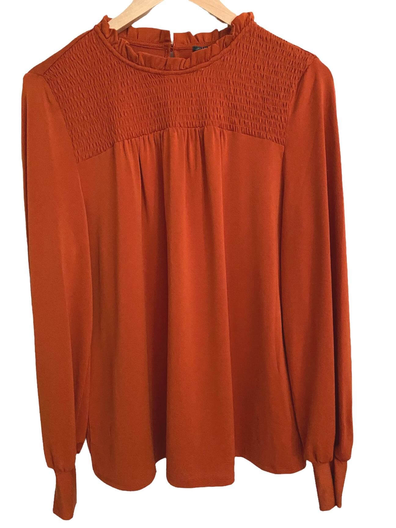 Warm Autumn ADRIANNA PAPELL amber ruffle neck blouse