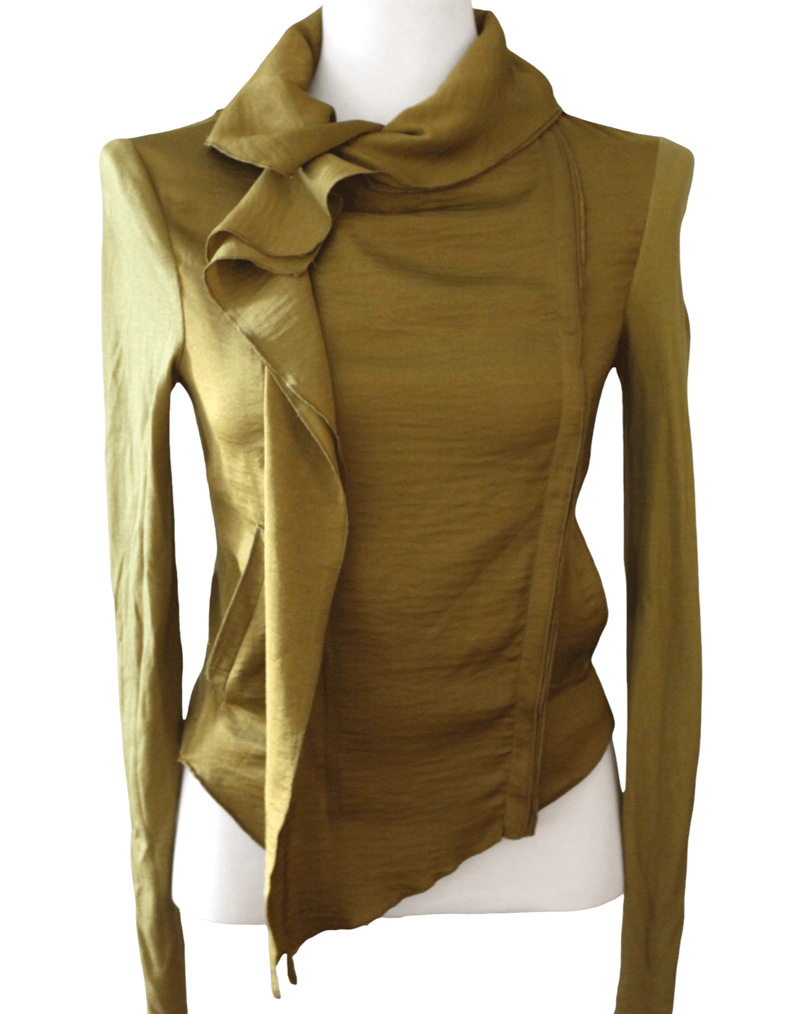 Warm Autumn BCBGMAXAZRIA olive green silky ruffle jacket