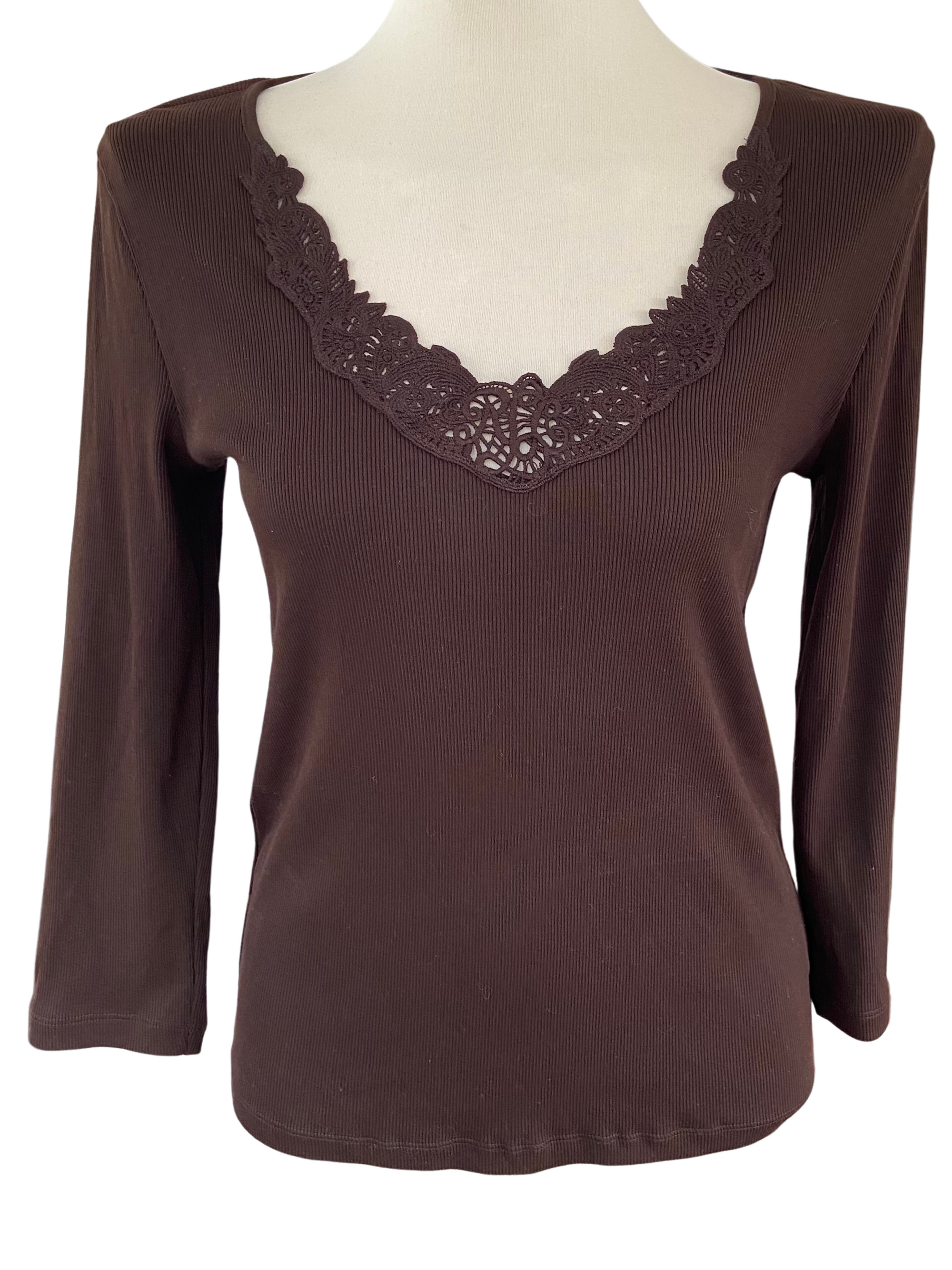 Cool Winter LAUREN brown lace trimmed ribbed top