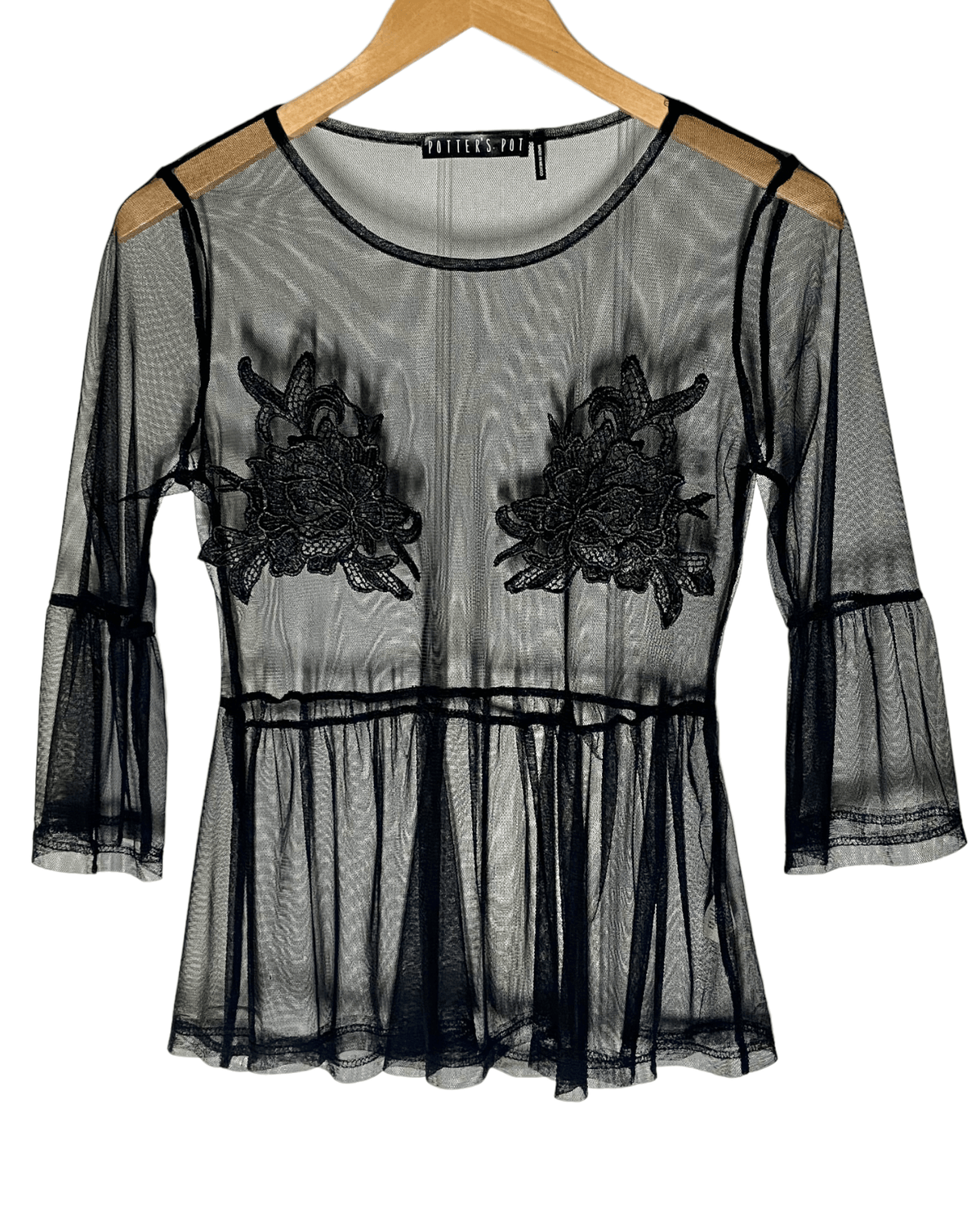 Winter Black POTTER&#39;S POT sheer rose embroidered top